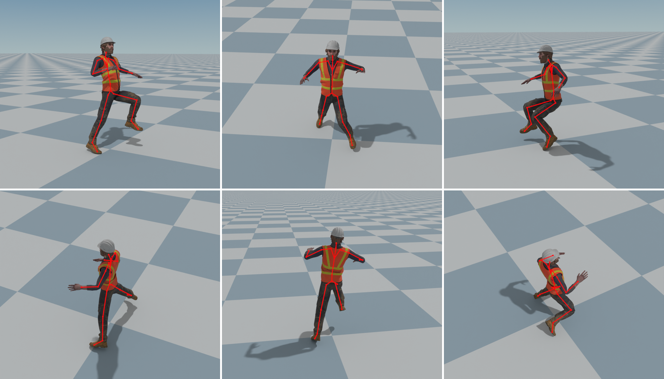 Six independently sampled character poses rendered in Blender, each with its known rig skeleton overlaid in red.